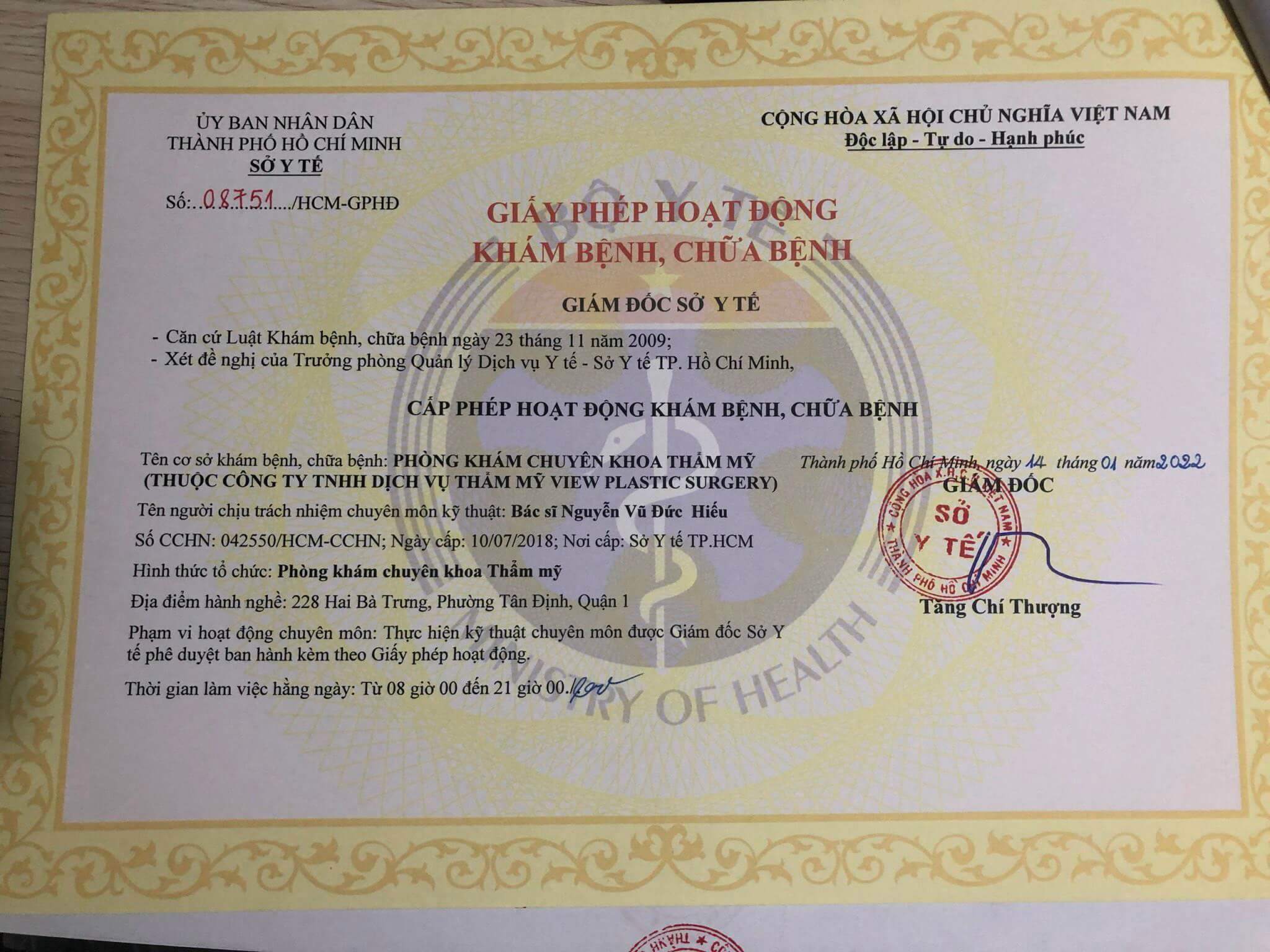 Giấy phép hoạt động View Plastic Surgery